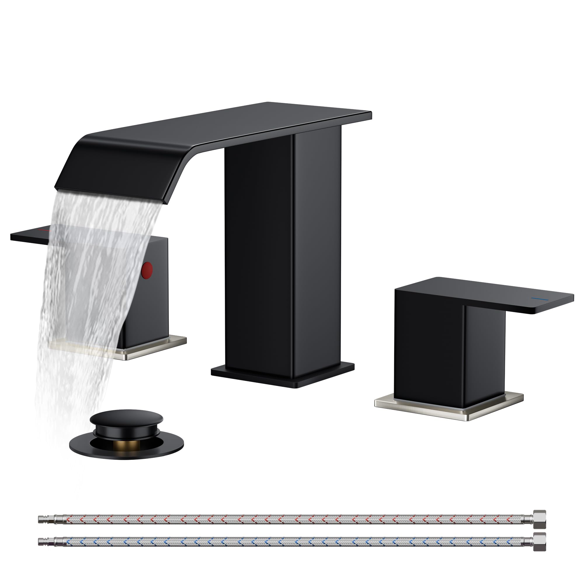 QHQQXN Weitverbreiteter Waschbecken-Wasserhahn mit 3 Löchern, gebürstetes Nickel, 2 Griffe, Wasserfall-Badezimmer-Wasserhahn mit Pop-up-Ablauf aus Metall und 24-Zoll-Warm- und Kaltwasserschläuchen,