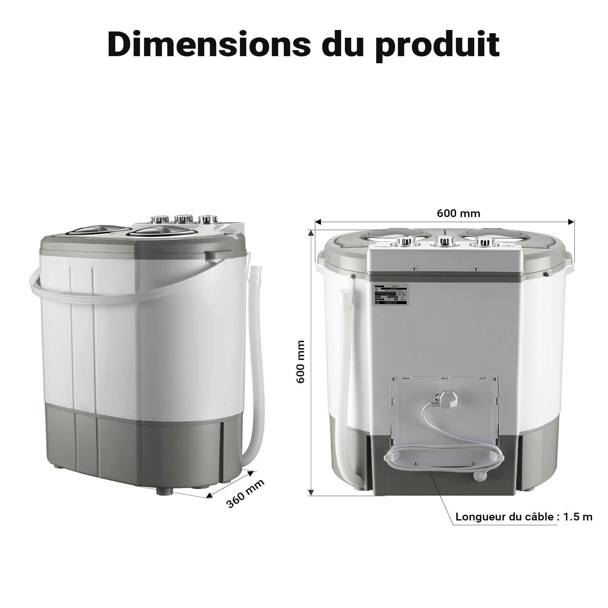 Wiltec Mini machine à laver et sèche-linge 60x36x60 cm 3 kg lavage 2 kg essorage 230/135 W pour camping voyage