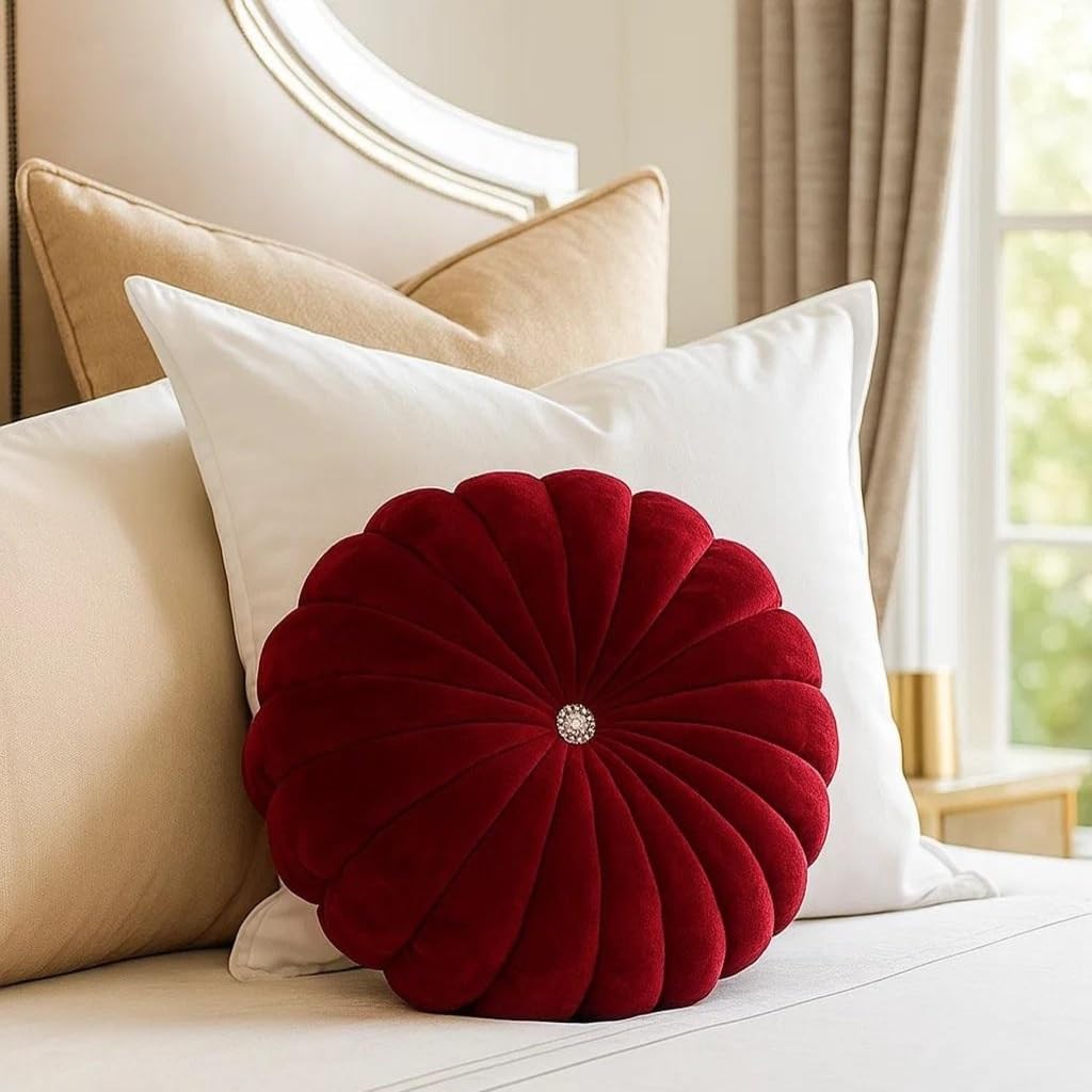 Premium Round Maroon Cushion for Sofa, Floor & Home Decor | Velvet Tufted Pillow for Living Room, Bedroom, Office & Gifting (Pack of 1)-image-37