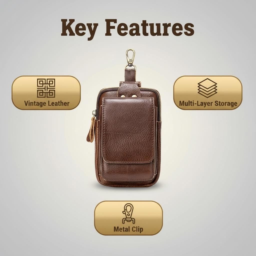 Men's Genuine Leather Waist Bag Cell Phone Pouch Fanny Pack for Travel Outdoor Sports Hiking Walking (Coffee)