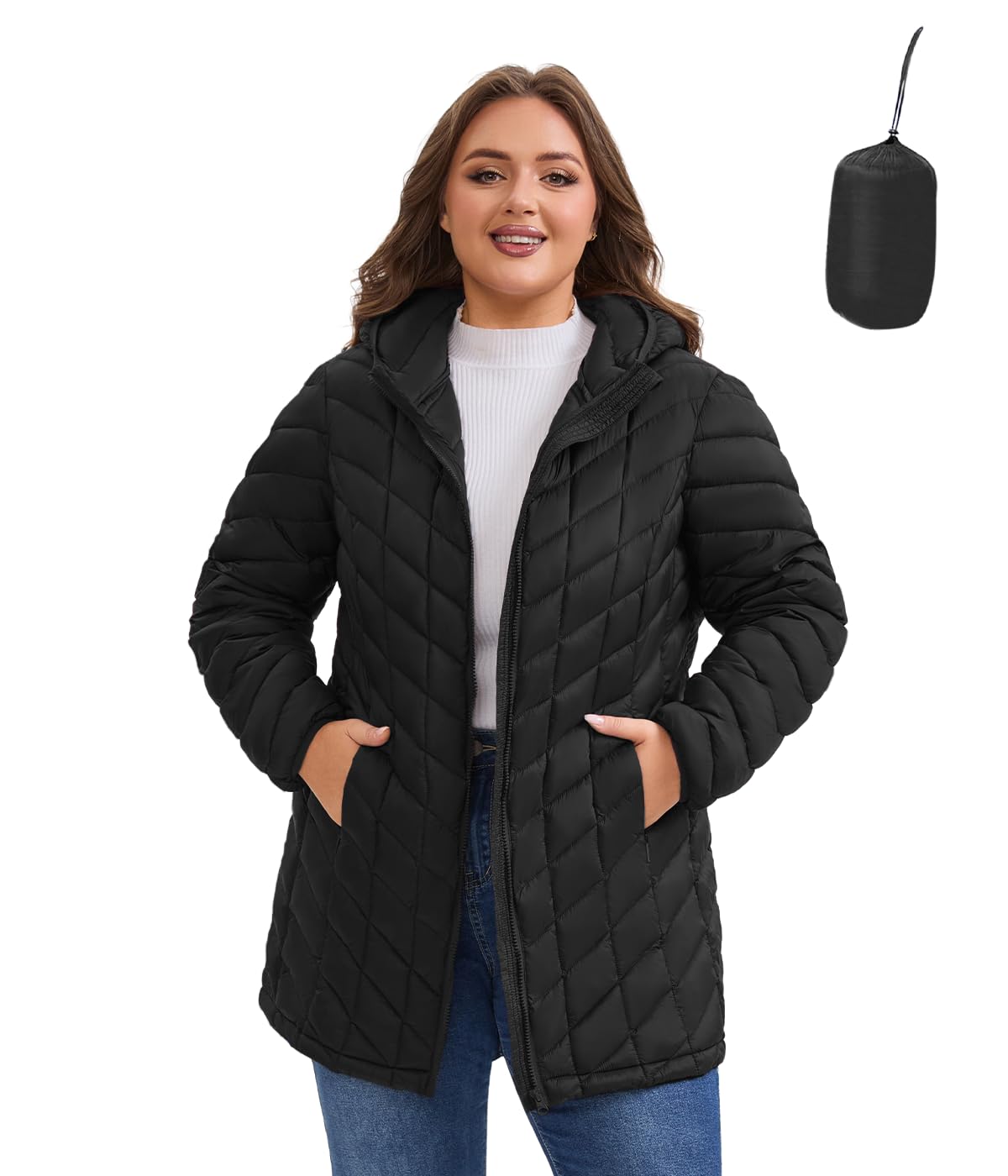 Poemdora Women's Black Plus Size Packable Puffer Jacket Lightweight Hooded Water Resistant Winter Puffy Coat (,1X)