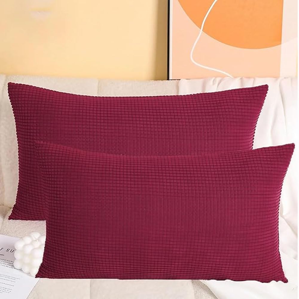 SWJ-swjssb Stretch Corduroy Pillowcases 2 Pack Super King Size Pillow Cases，Soft Decorative Cushion Covers Size Of Customised Invisible Zip, For Living Room Couch Sofa(Burgundy,55x75 cm Set Of 2)