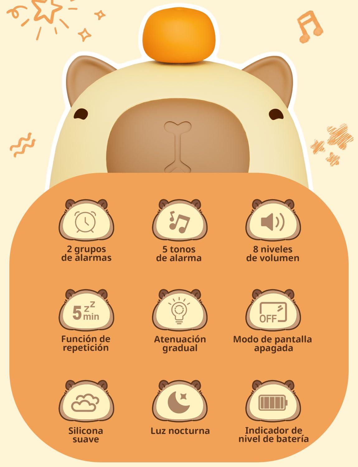 YISSVIC Despertador Infantil Reloj Despertador Digital 2 Alarmas Brillo Ajustables 8 Volumenes 5 Músicas, Función de Repetición Luces Nocturnas Recargable de 1800mAh para Infantil Adulto- Capibara