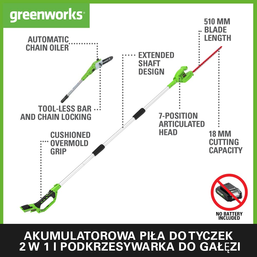 Greenworks G24PSH Akumulatorowa Pilarka i Nożyce do Żywopłotu na Wysięgniku z Paskiem na Ramię 2w1, Ostrze Pilarki 20cm, Przycinarka Ostrza o Podwójnym Działaniu 51 cm BEZ Baterii 24V i Ładowarki