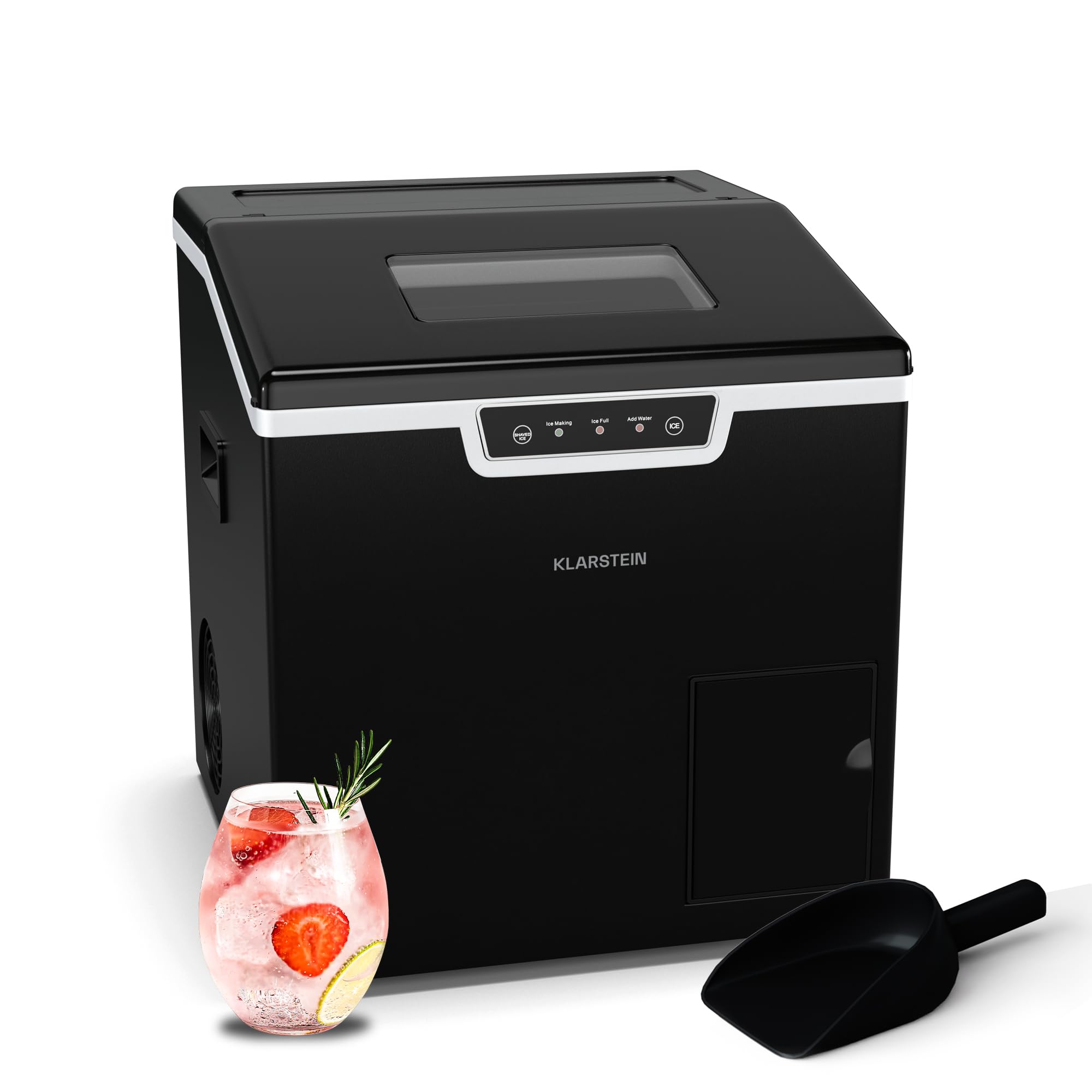 Klarstein Eiswürfelmaschine Icefestival Cube – 20 kg/24 h Eiswürfelbereiter, 400 W, Eiswürfel & Geriebenes Eis, 1,9-Liter-Vorratsfach, Automatische Reinigung, Schwarz
