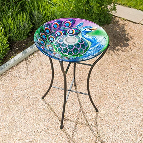 Christow Glass Bird Bath Solar Light Metal Stand Painted Peacock Garden Decoration - Image 7