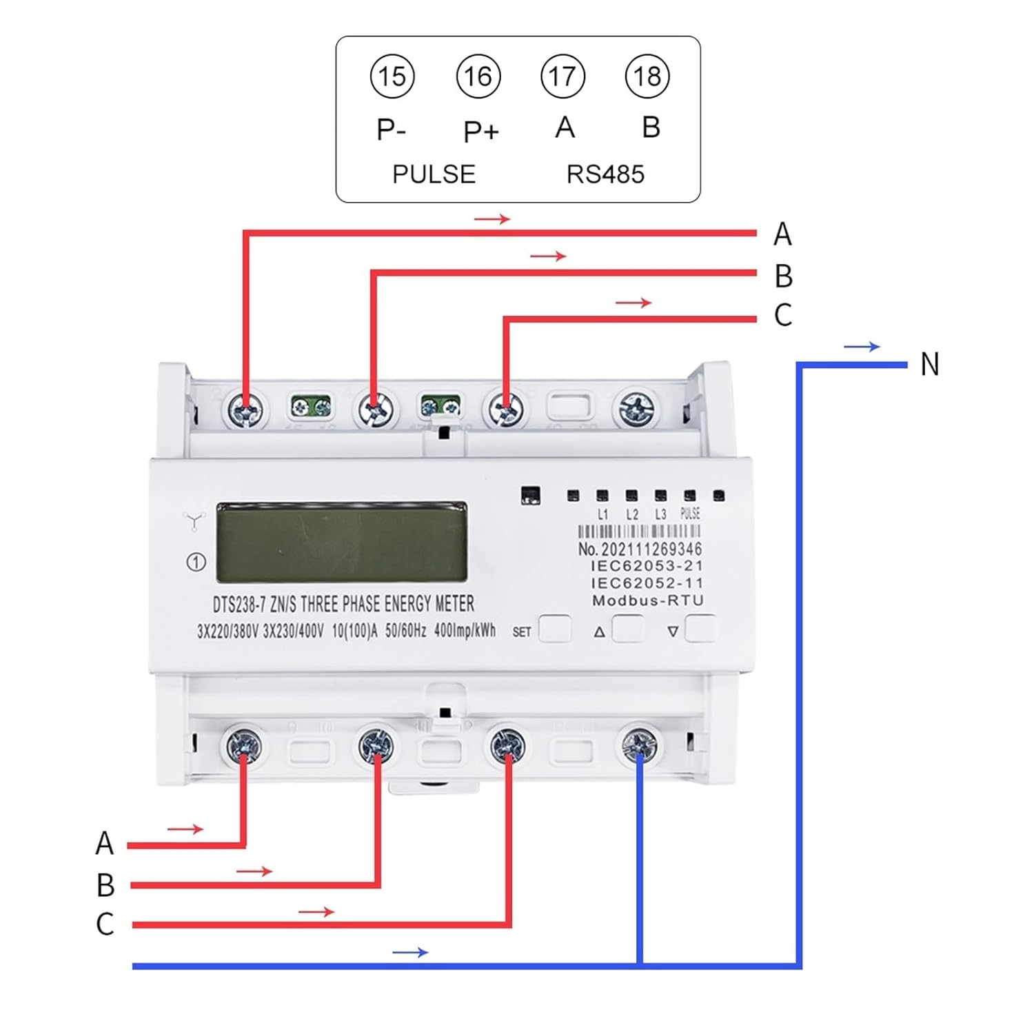 Wiring diagram for the FRPKPNOX DTS238-7 ZN/S 3 Phase Din Rail Energy Meter