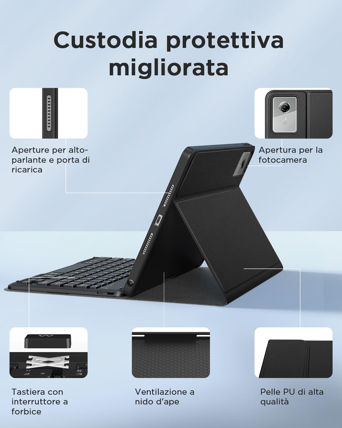 EasyAcc Cover Tastiera Compatibile con Lenovo Idea Tab 11 Pollici Tablet 2025 (TB-336ZU/TB-336FU) con Pellicola Protettiva, [Italiano], Custodia per Tastiera Rimovibile con Portapenne Nero