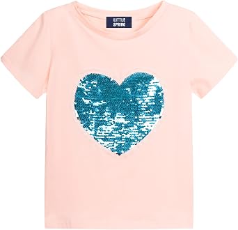 LittleSpring Girls Short Sleeve Tshirt Heart Shaped Sequin Tees