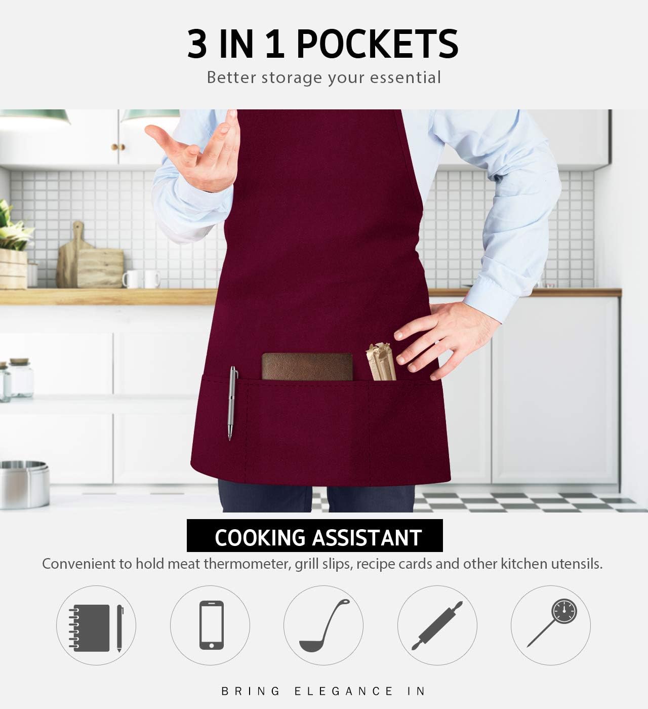 Syntus 2 Pack 3 Pockets Adjustable Bib Apron Thicker Version Waterproof with Extra Long Ties Cooking Kitchen Aprons for BBQ Drawing, Women Men,Chef, Wine Red