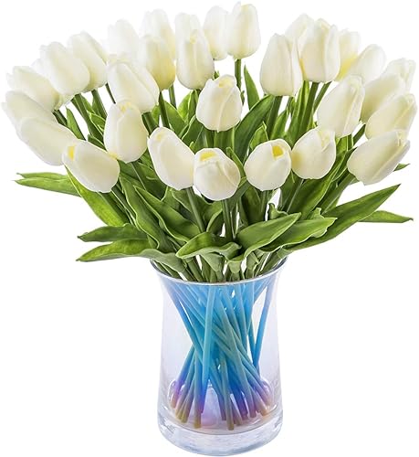 Miniatura 1 de Joejisn - 30 flores artificiales de tulipán reales al tacto para decoración del hogar, bodas y fiestas, Látex Plástico Acero, Blanco leche