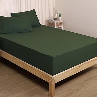 LINENWALAS 100% Cotton Percale Double Size Fitted Sheet, 1 Pc Only Fitted Bedsheet Crisp and Cooling 40 CM Deep Pocket Fitted Sheet Premium Cotton Bottom Fitted Sheet 140x190 CM (Avocado Green)