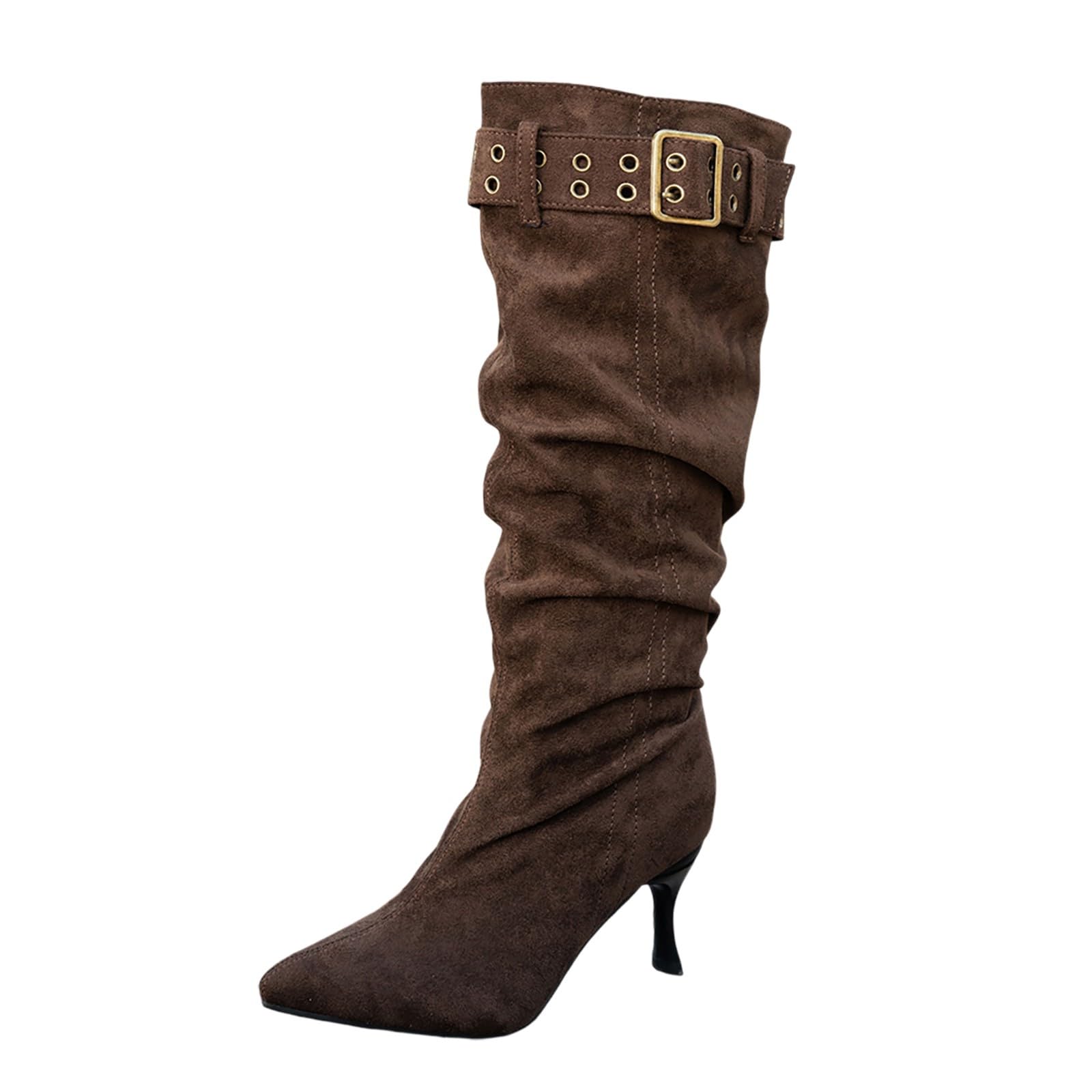 Knee High Boots for Women Suede Ruched Buckle Tall Boots Pointed Toe Kitten Heel Pull On Mid Calf
