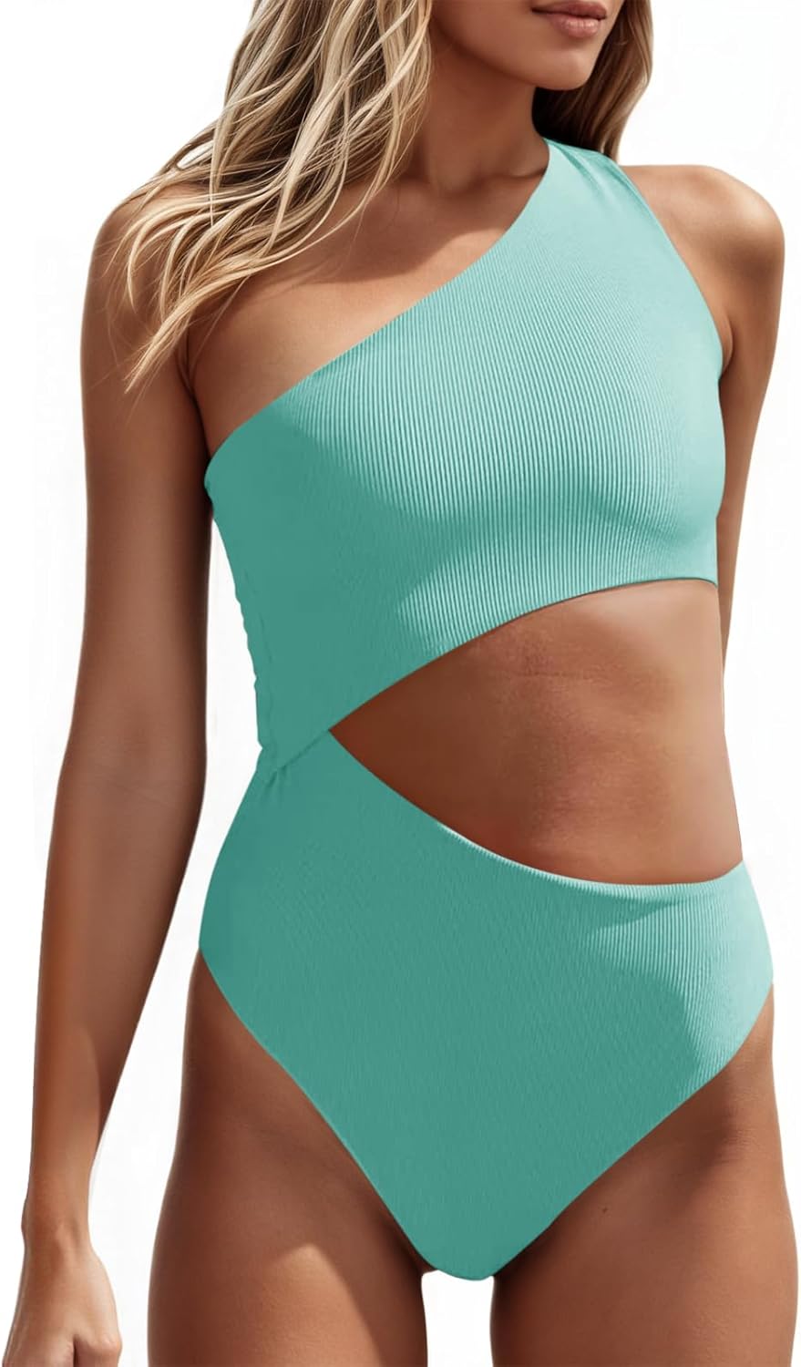 Women's One Piece Ribbed Swimsuit One Shoulder Cutout Swimwear Sexy Bathing Suit
