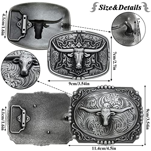 Rechicgu 2 Pieces Long Horn Bull Belt Buckles Western Cowboy Cowgril Texas Rodeo Large Belt Buckle For Men Women Vintage Silver #TOP1