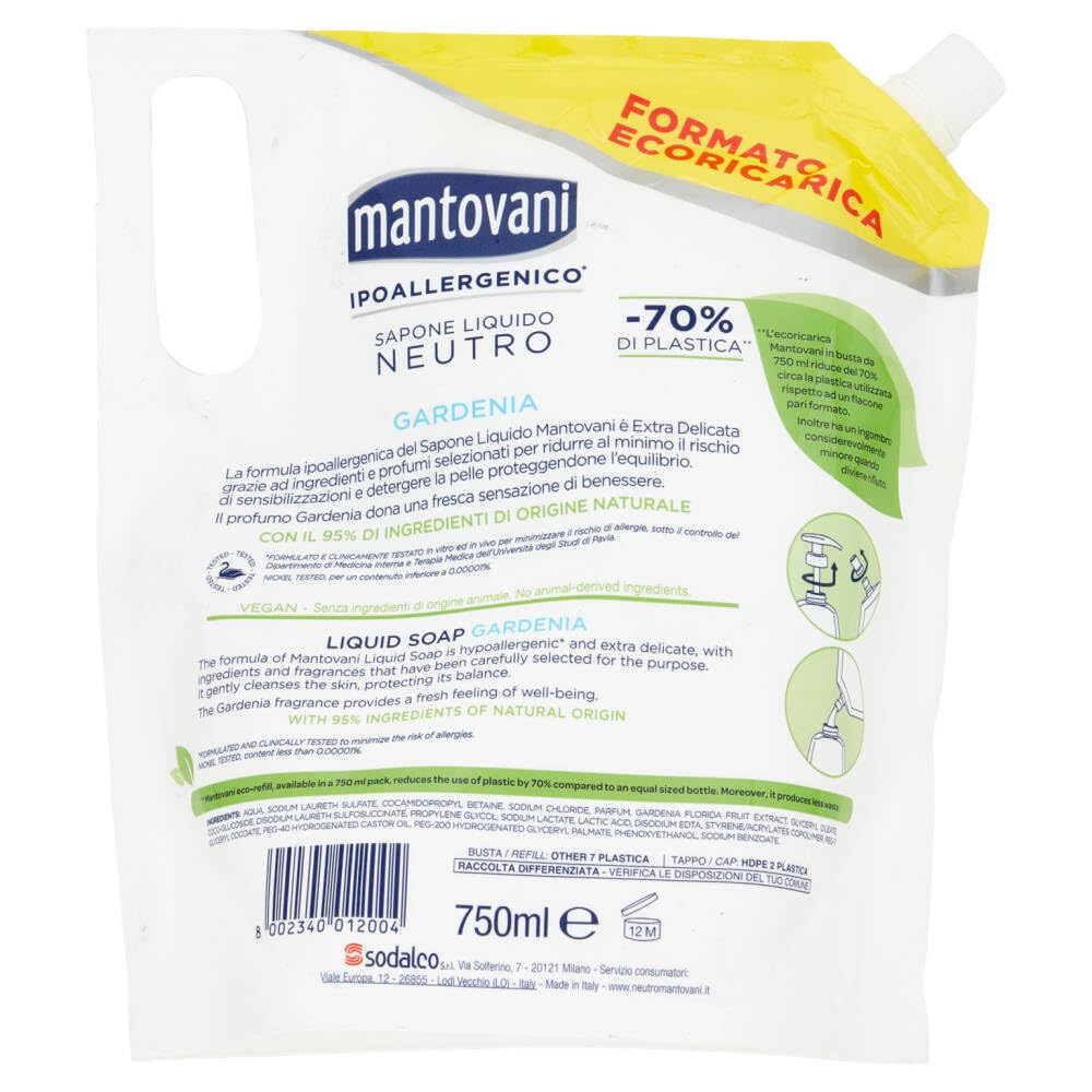 Mantovani Sapone Liquido Gardenia Sapone Liquido Gardenia - Sapone liquido con gardenia - Ideale per mani e viso Eco-ricarica Busta 750 ml + portachiavi Beni Culinari
