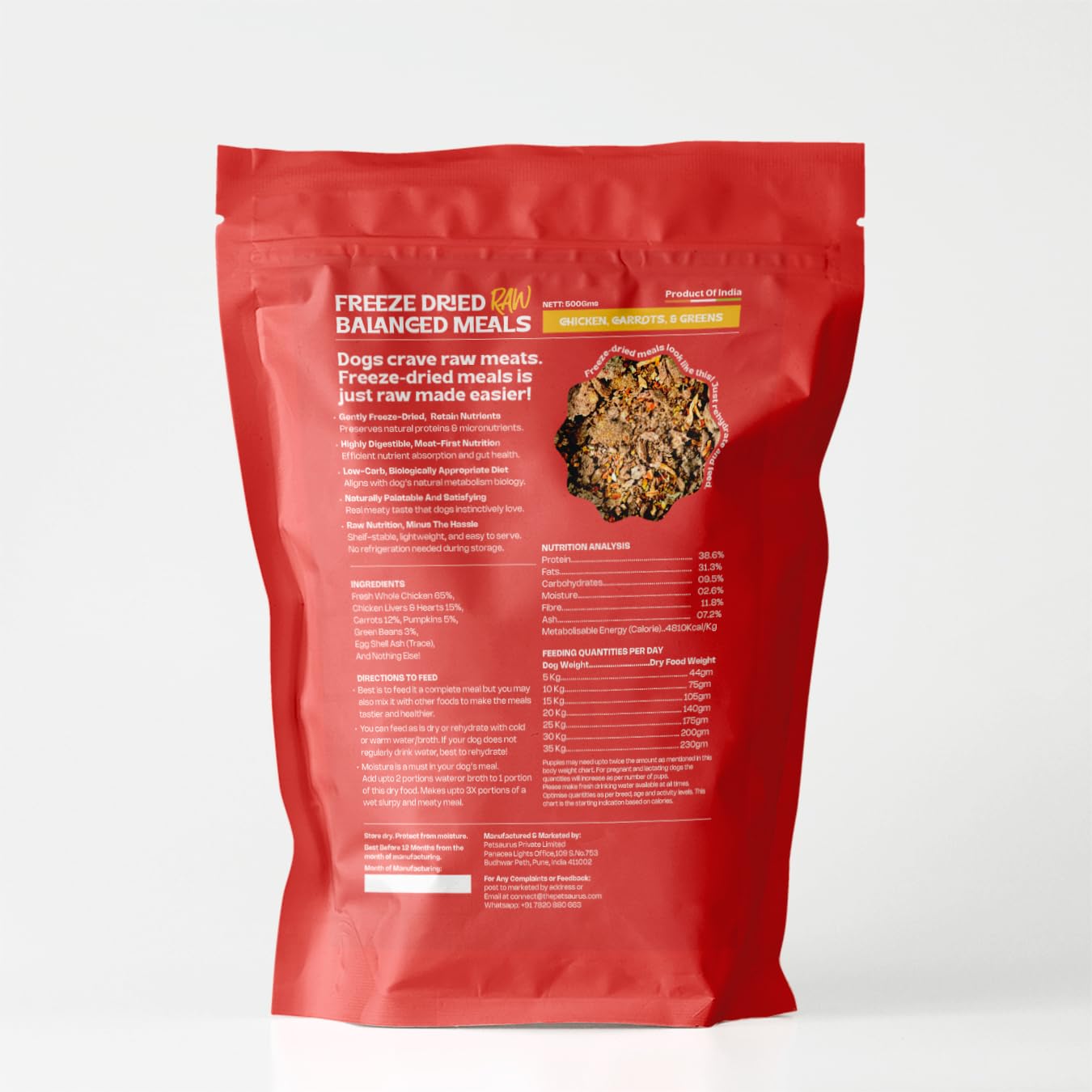 Rawr4Dogs | Freeze-Dried Balanced Meals | Chicken, Carrot, & Greens | Bio-Appropriate and Raw Nutrition | High Protein - Low Carb Recipe | 500 GMS | Makes 3X (1.5 Kg) Meals by Adding Water