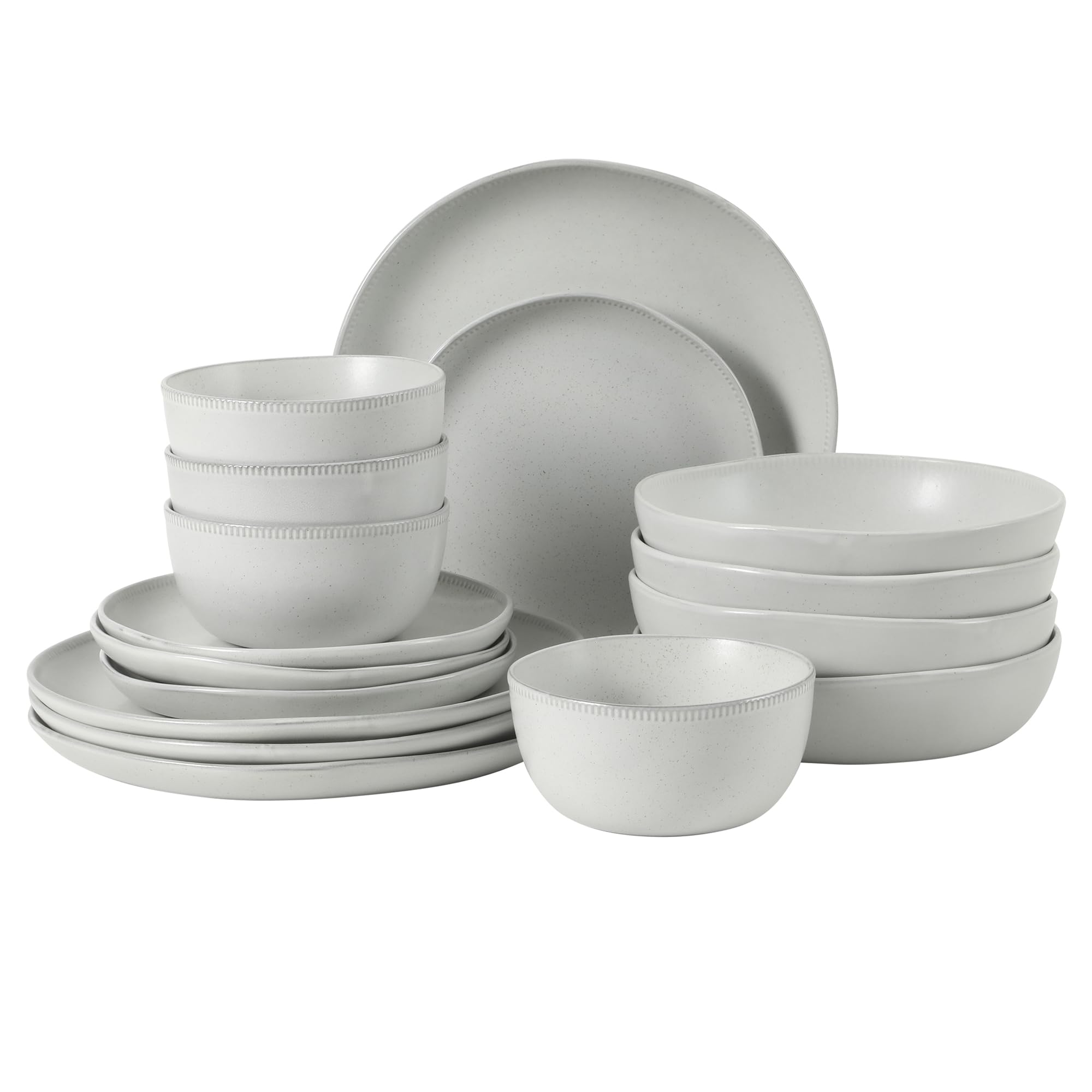 Gibson Elite Menlo Park 16-Piece Pottery Clay Stoneware Dinnerware Set – White Reactive Glaze, Embossed Plates and Bowls W/Pasta Bowl, Service for 4 – Microwave &amp; Dishwasher Safe