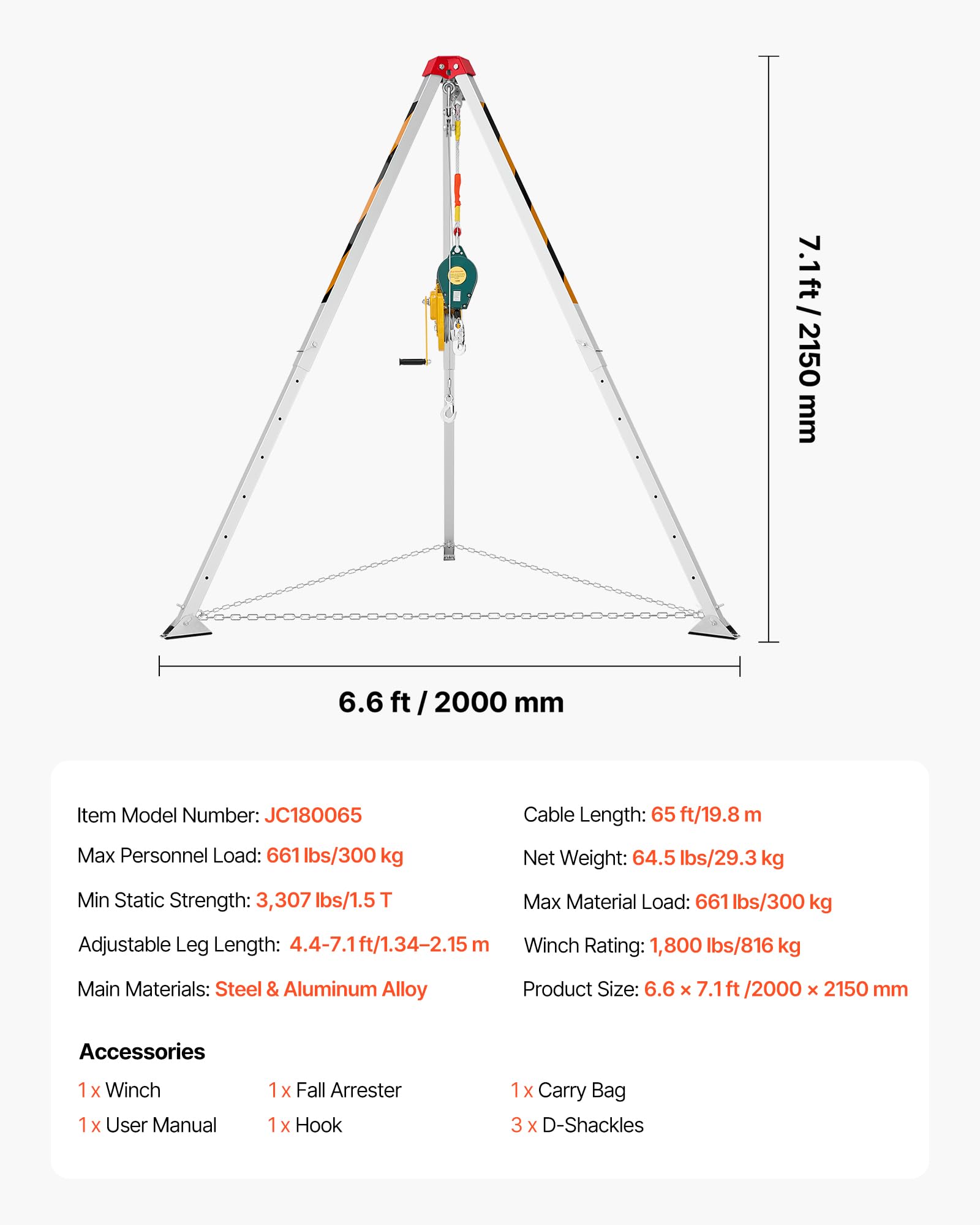 VEVOR Kit Treppiede per Spazi Confinati, Paranco di Sollevamento per Treppiede di Salvataggio per Impieghi Gravosi, Verricello da 816 kg, Lunghezza Gambe Regolabili da 1,34 a 2,15 m, Cavo da 19,8 m