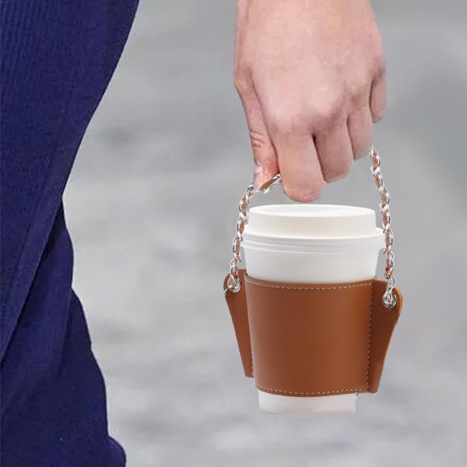 GORGECRAFT Portabicchiere Portatile In Pelle PU Con Catena E Manico | Colore Cioccolato | Reggetta Per Tazze Da Caffè E Tè - 4