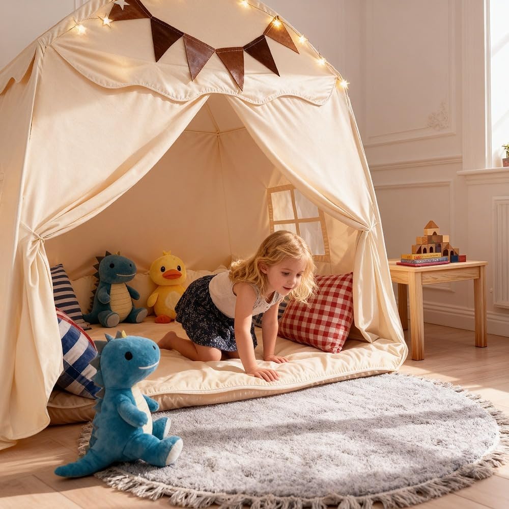 Kinderzelt Indoor mit Sternen Lichterkette und bunten Flaggen – großes Zelt Kinderzimmer Kinder-Zelt (142 × 90 × 152 cm) für Indoor & Outdoor, Spielhaus für Jungen und Mädchen, Lese Ecke & Rollenspiel