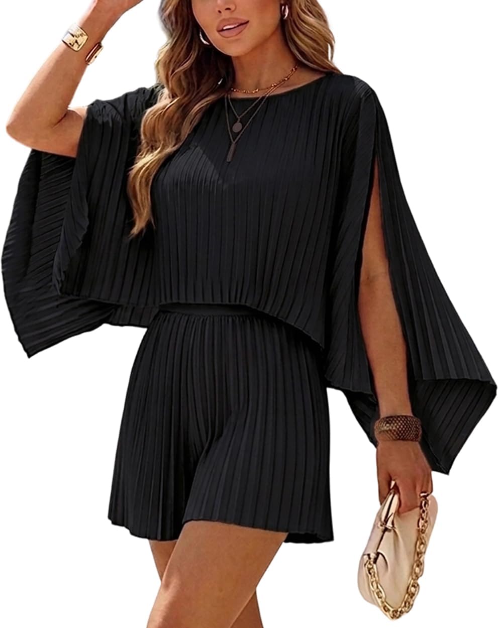 CHICME Vacation Outfits for Women 3 Piece Shorts Sets Pleated Off Shoulder Poncho Tops & Wide Leg Shorts Summer Sets 2026