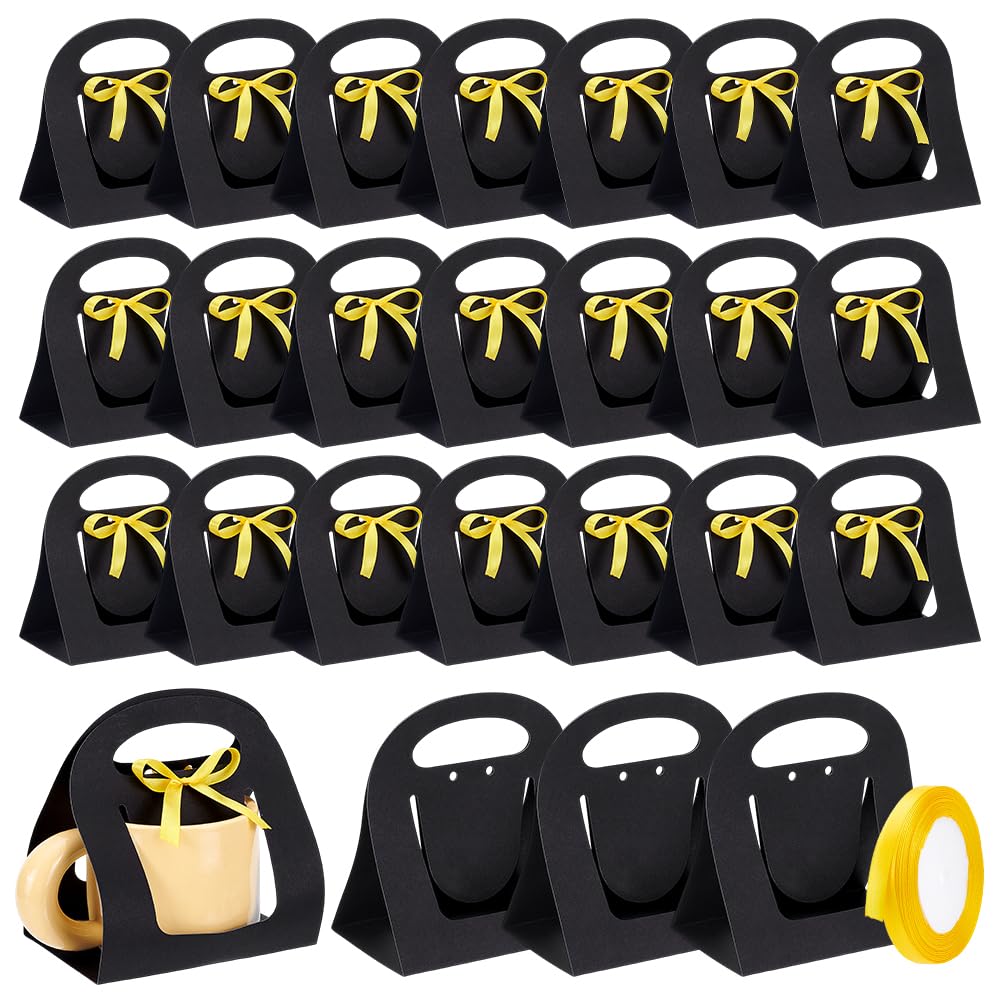 NBEADS 24 Pcs Mug Boxes for Gifts Coffee Mug Gift Boxes with 1 Roll Yellow Ribbon Paper Cup Holder with Handle for Bridesmaid Gifts Weddings DIY Decor, Black, 14x9cm