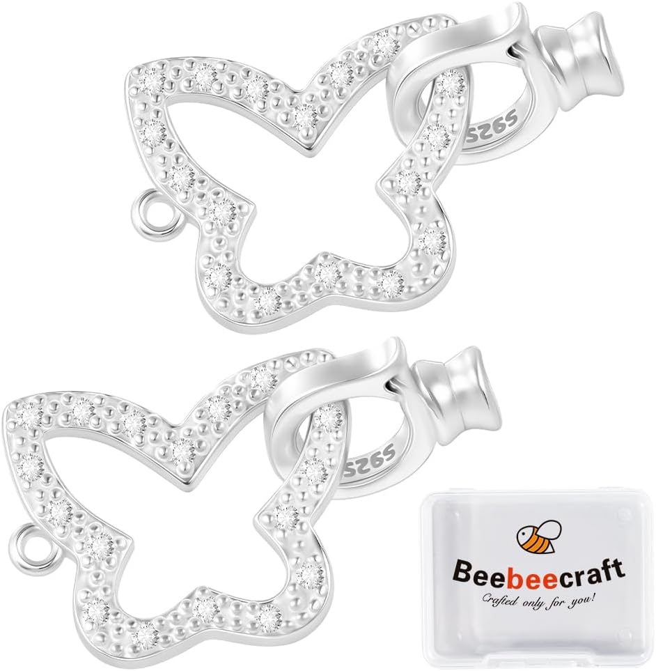 Beebeecraft 2Pcs Fold Over Clasps 925 Sterling Silver Butterfly Shaped Cubic Zirconia Fold-Over End Clasp Extender for Jewelry Making Bracelet DIY Crafts