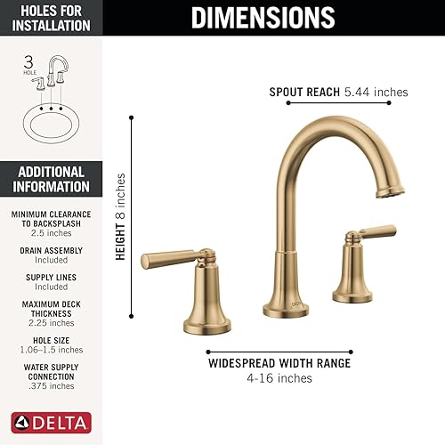 Miniatura 4 de Delta Saylor - Grifo de baño de oro cepillado de 3 agujeros, 8 pulgadas, grifo de lavabo de baño extendido para tocador, montaje de drenaje de metal