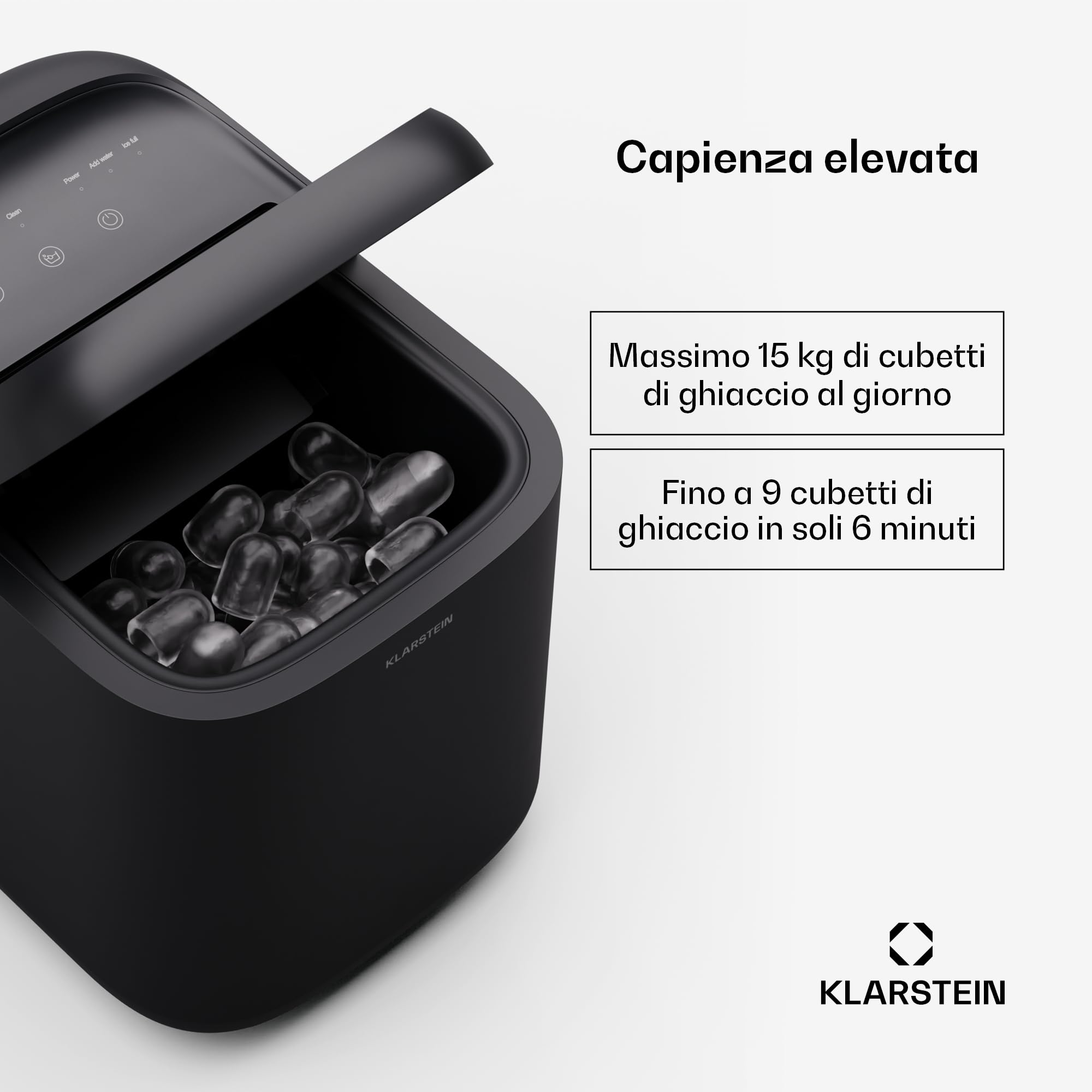 KLARSTEIN SparkIce - Macchina del Ghiaccio, 15 kg/24h, Cubetti in 6 Min, Touchpad, Pulizia Automatica, Cubetti in 2 Dimensioni, Macchina del Ghiaccio da Casa, Ice Maker con Paletta, Nero