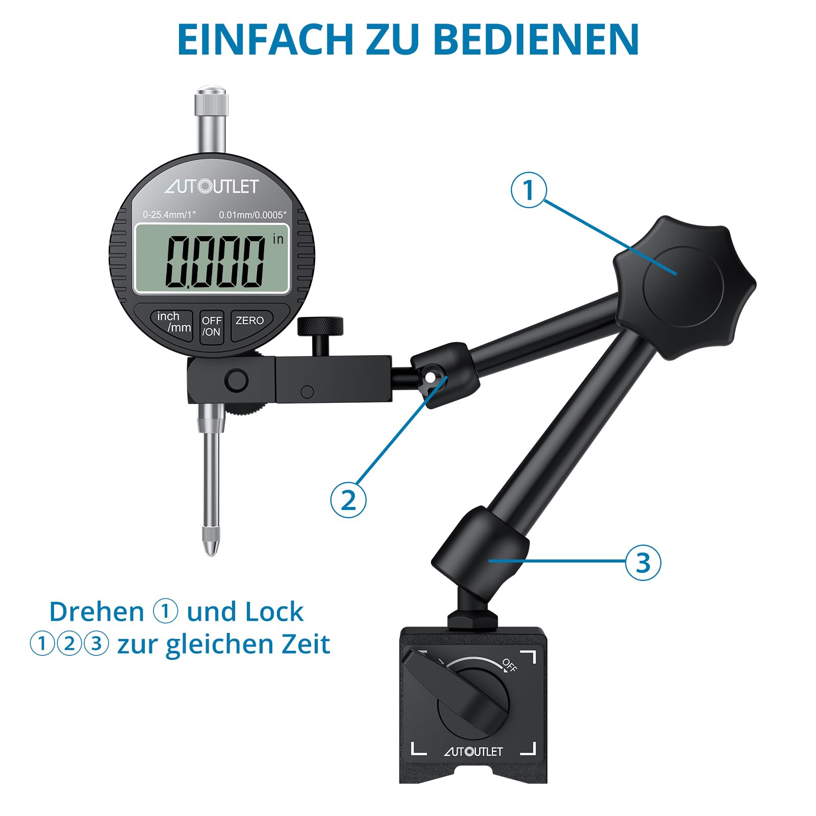 AUTOUTLET Digital Messuhr und Magnetfuß mit Zentralklemmung 25cm 132lbs/60kg Maximale Zugkraft, 0-25,4mm/1'' Messtaster Zoll/Metrische Umrechnung, Magnet Messuhrhalter, für Labor Werkstatt 3D Drucker