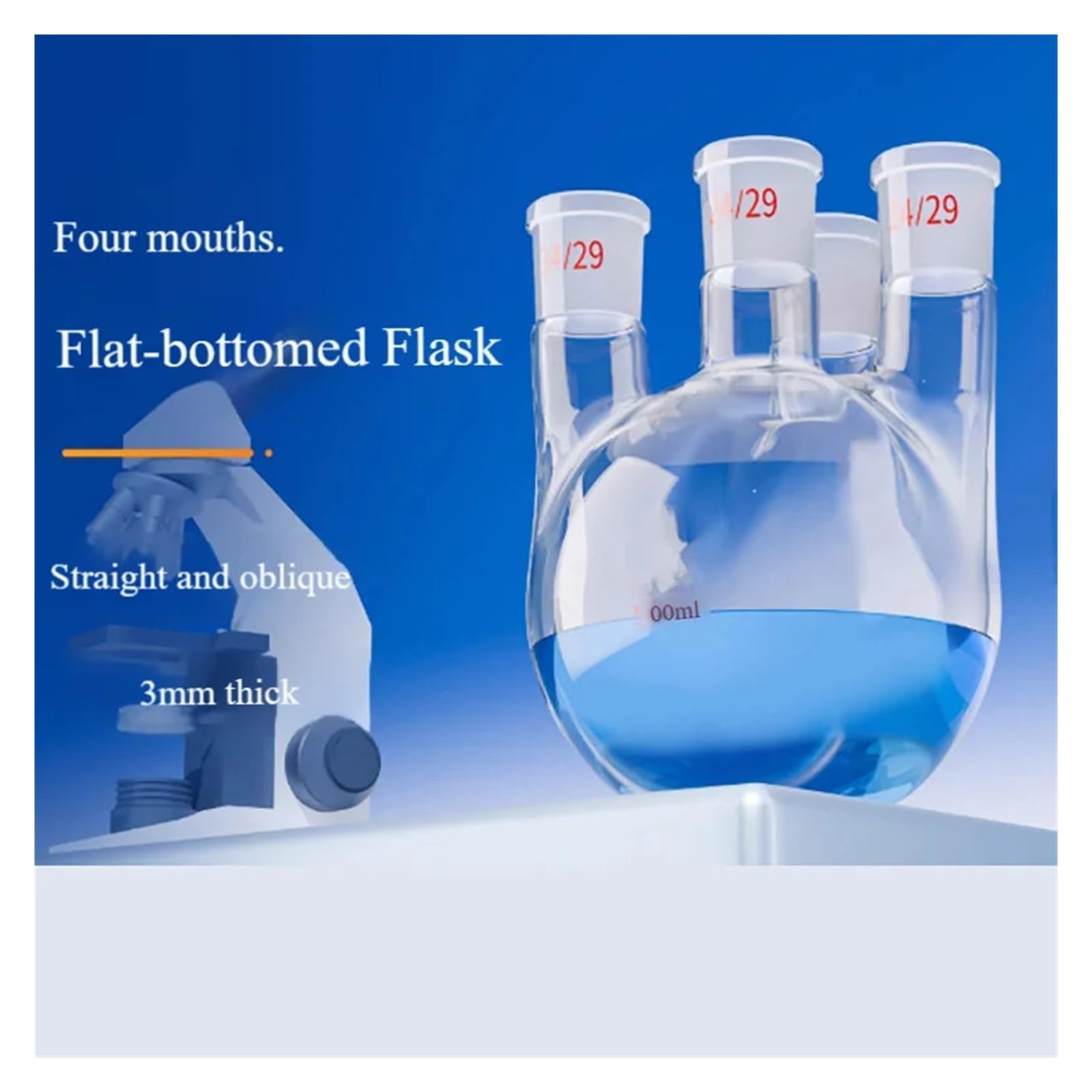 Matraz de cuatro cuellos de fondo Matraz de destilación de fondo de vidrio de borosilicato alto de boca recta(250ml 19 19 19 19)