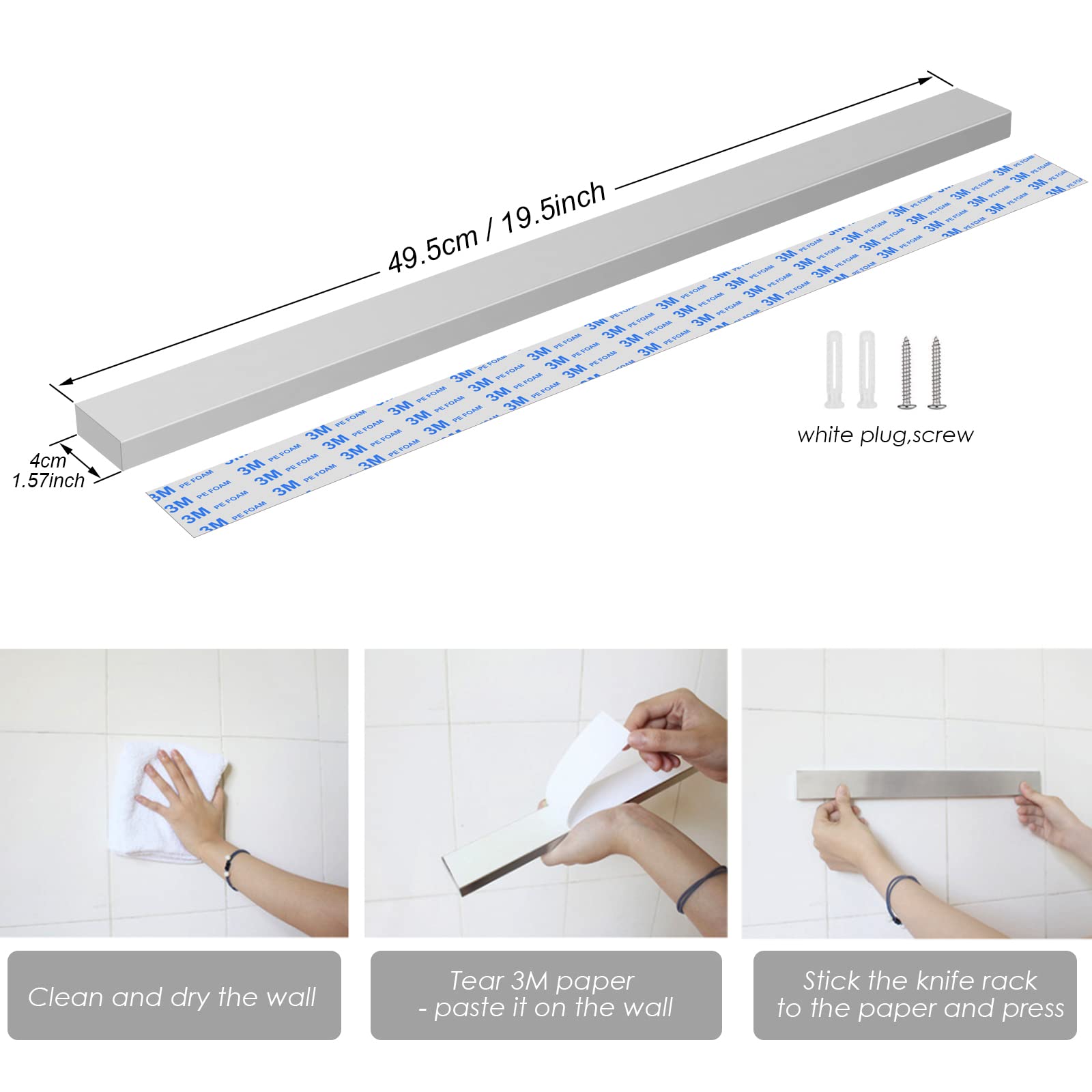 Porte-couteaux magnétique autocollant en acier inoxydable - 50 cm - Barre magnétique - Support de couteau de cuisine - Tenture murale - Protection des couteaux - Deux possibilités de collage et