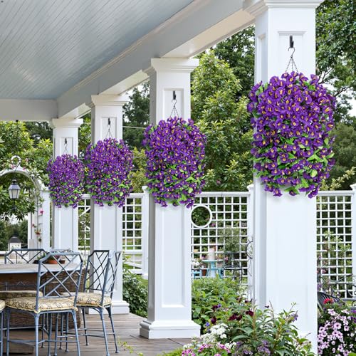 Image of Bassion 2 Pack Artificial Hanging Petunias Flowers for Outdoors, Purple