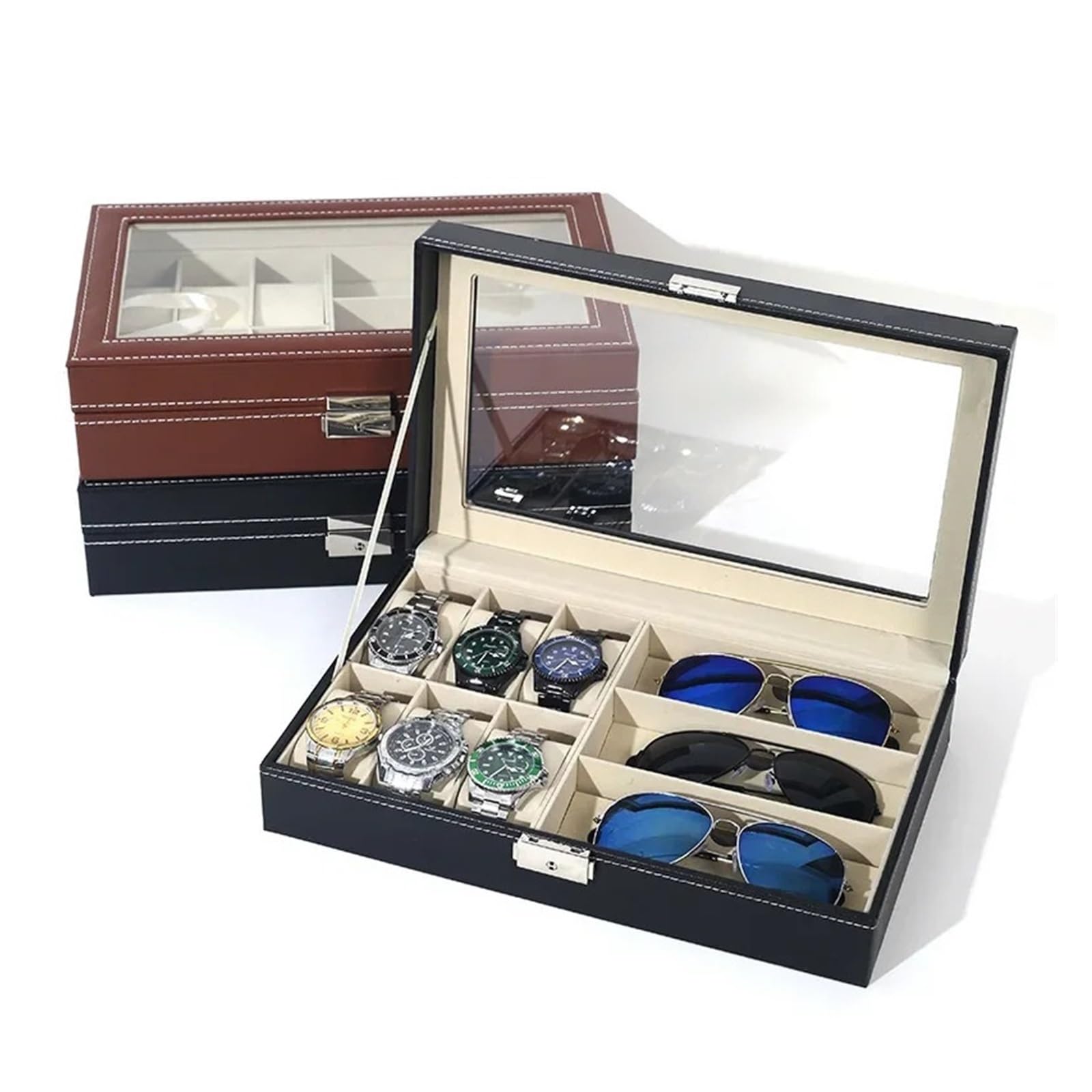 Staubdichte Uhrenbox aus Pu-Leder mit 6 Positionen, 3 Sonnenbrillen-Vitrine, Aufbewahrungstasche, Uhrenarmbänder-Aufbewahrungsbox zur Aufbewahrung von Uhren(Outer Black inner Rice)