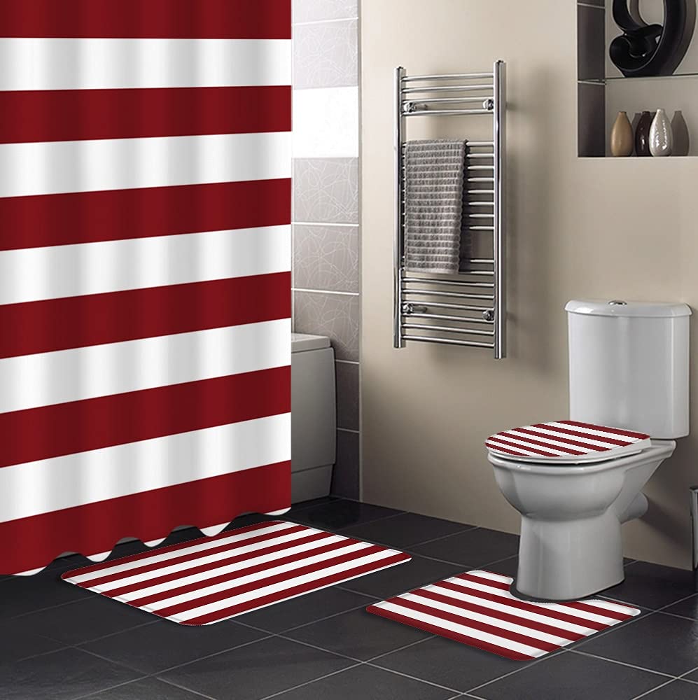 Set Bagno Geometrico Rosso – Tenda Doccia 72x72 Con Tappeti Antiscivolo E Copriwater, 4 Pezzi Con 12 Ganci