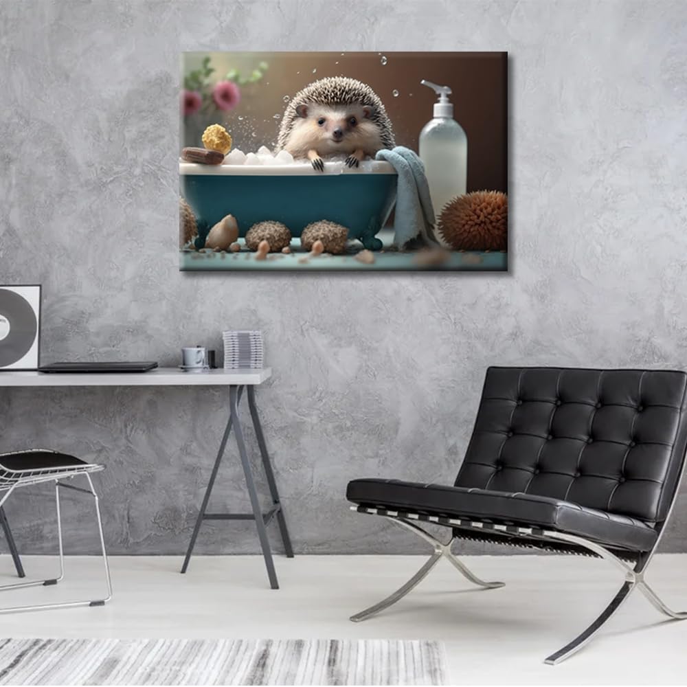 Bathtub Animal Canvas Paintings Bedroom Canvas Wall Art Hedgehog Took a Bath in the Bathtub Wall Art for Bathroom Boho Canvas Pictures Artwork Posters & Prints Framed Ready to Hang (16"Wx24"H) - Image 3