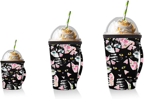 Miniatura 5 de Funda aislante de neopreno reutilizable para taza de café helado, diseño de flores y gatos, funda aislante para tazas de café con asa para bebidas