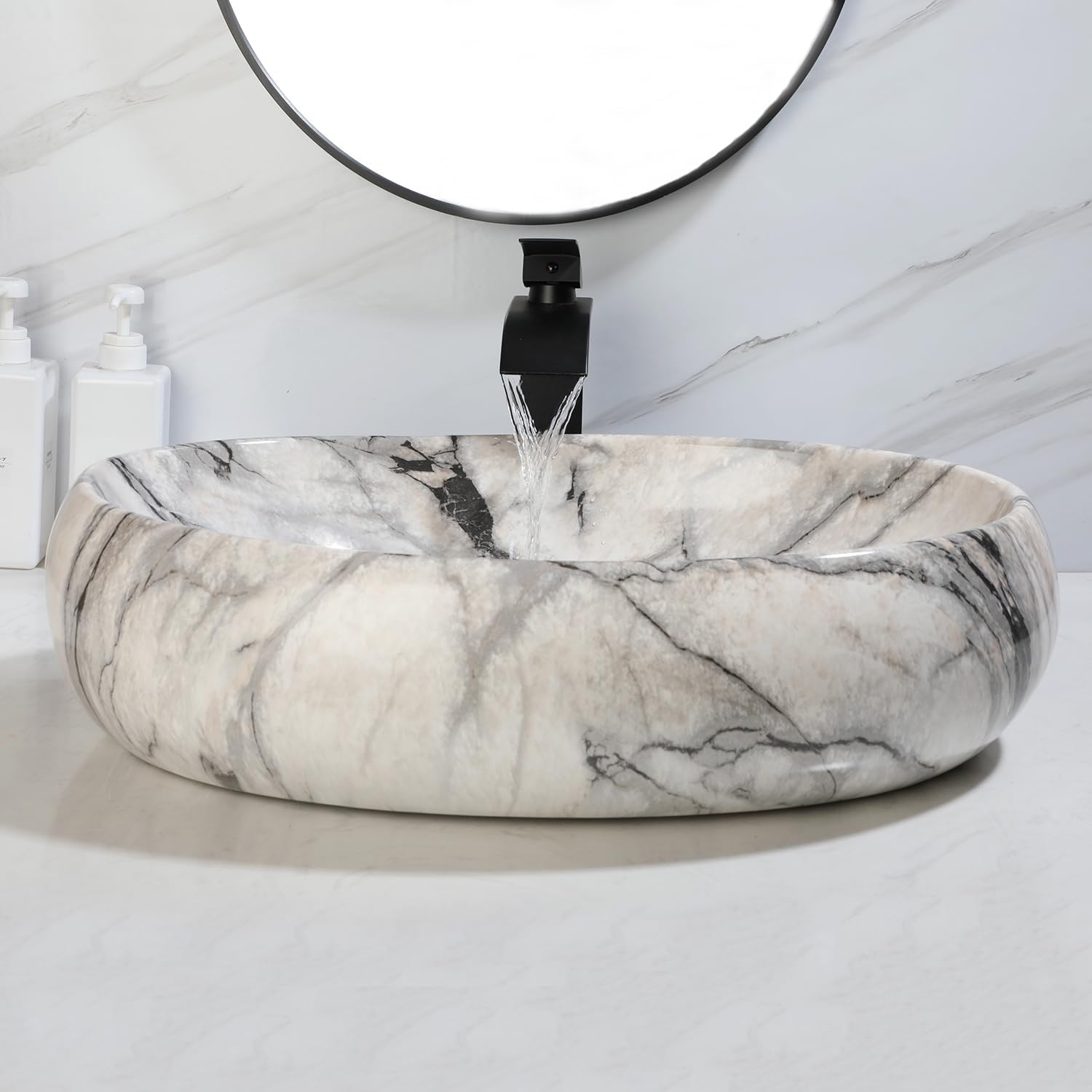White Marbling Vessel Sink with Faucet and Pop-up Drain Combo, 22×16 Inch Oval Bathroom Sink White and Black Marbling Ceramic Basin Bowl Above Counter Oval Sinks Bowls for Bathroom
