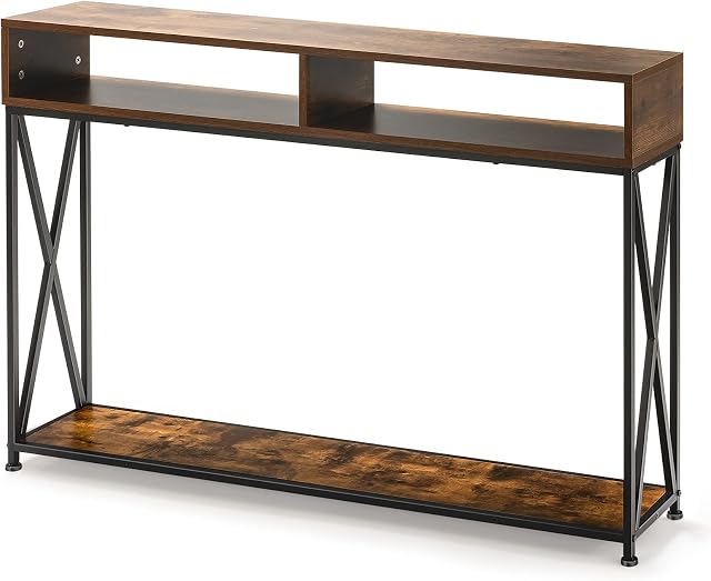 Multigot 3-Tier Console Table, X-Shaped Sofa End Table with 2 Compartments and Shelves, Narrow Side Table Computer Writing Desk for Entryway, Bedroom and Living Room (Rustic Brown)