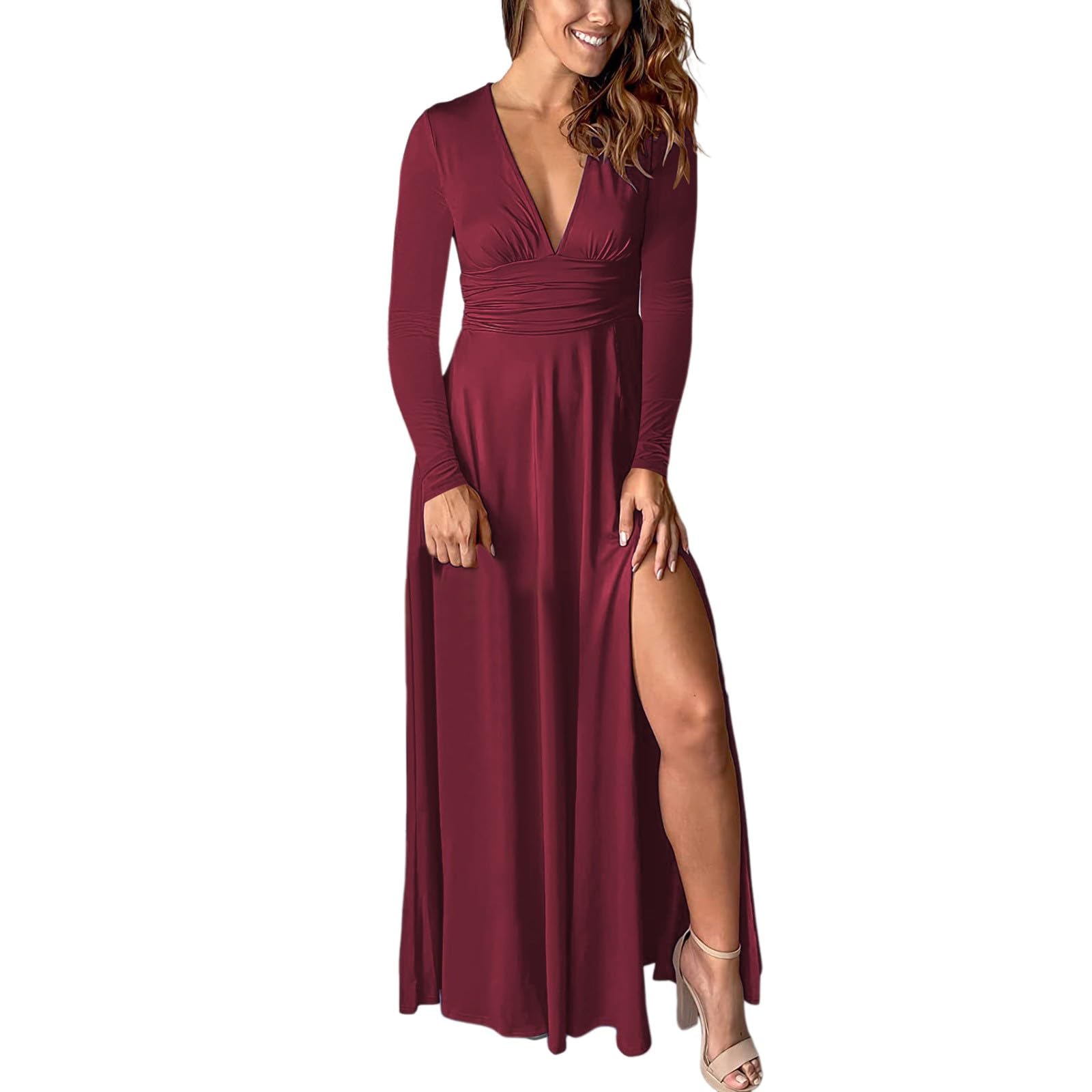 Vestido de cóctel sexy para mujer, cuello en V profundo, manga larga, plisado, cintura alta, abertura, club, fiesta, noche, noche, salida nocturna, cumpleaños, cita