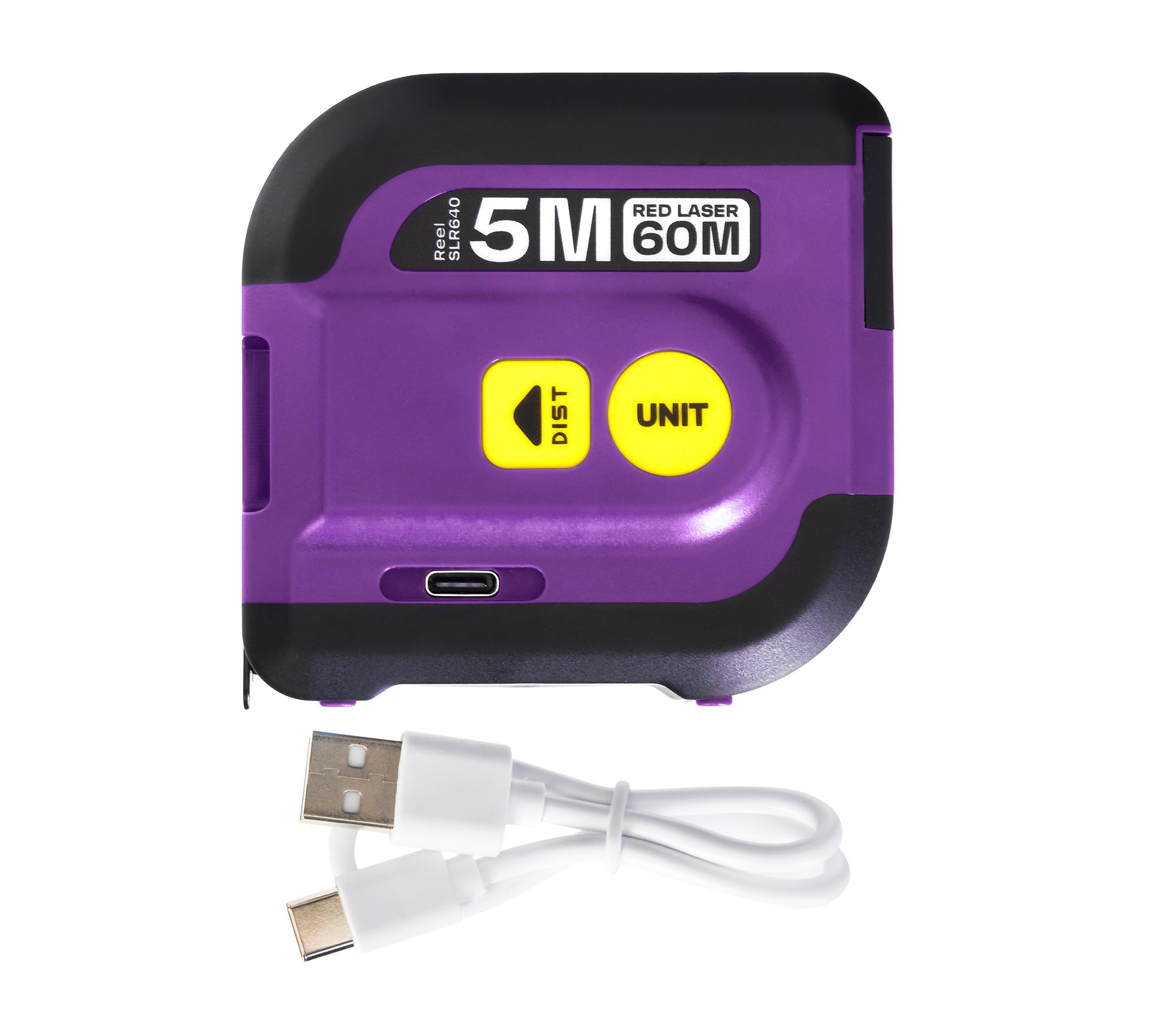 Reel SLR640 2 en 1 Medidor Láser 60M y Cinta Métrica 5M Medición de Longitud Área Volumen Pantalla LCD Retroiluminada Función Memoria Unidades en Pulgadas, Pies, Metros Violeta