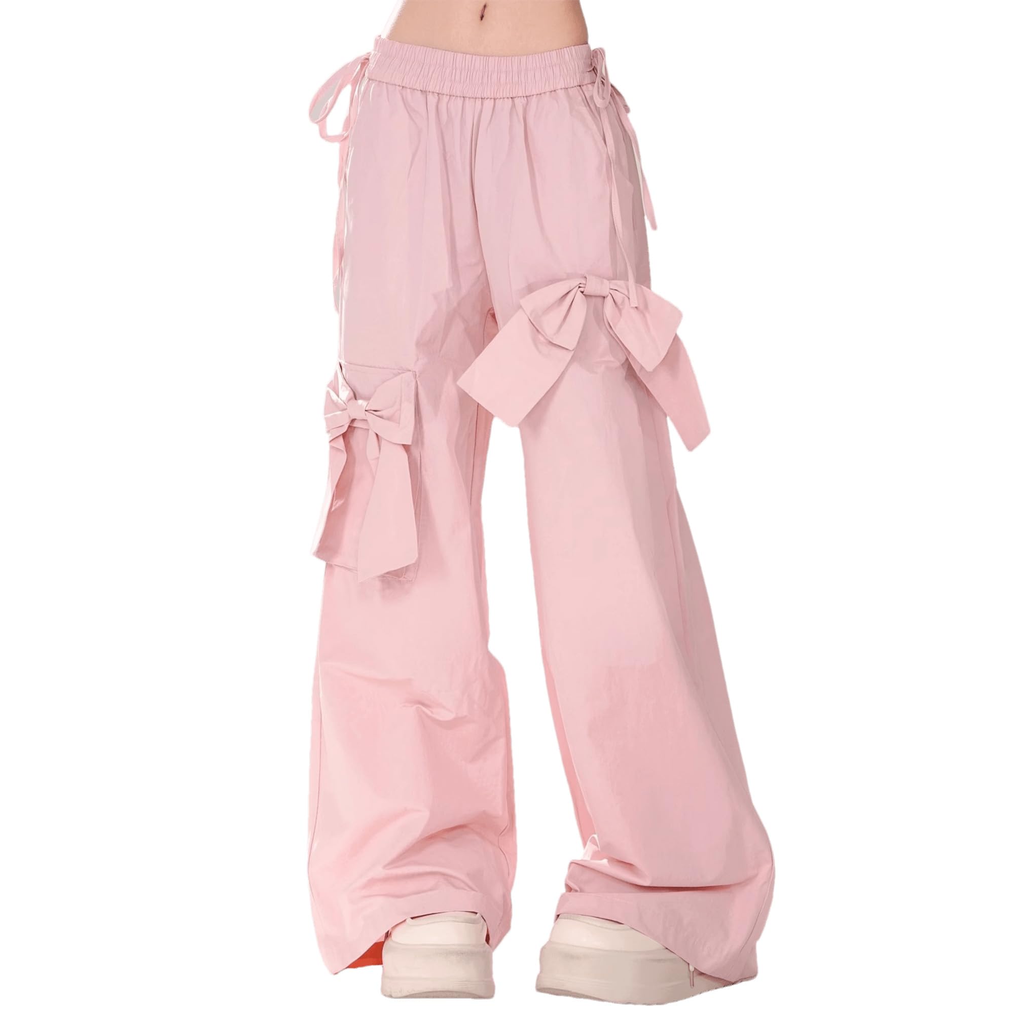Baggy Cargo Pants with Pockets Women Drawstring High Waisted Cute Bow Y2K Casual Wide Leg Trousers Lounge Pants