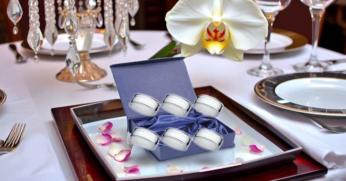 6er Set Serviettenringe versilbert – Fadenmuster L 6cm – Edle Silber-Plattierung für Stoffservietten inkl. Geschenkbox
