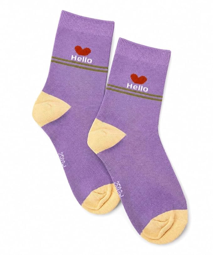 Image of Kids Cotton Crew Socks for Boys & Girls (3-5 Years) | Soft Breathable Cotton Blend Daily Wear Socks | Bear Love & Hello Print | Comfortable Crew Length | Pack of 6 | Multicolour