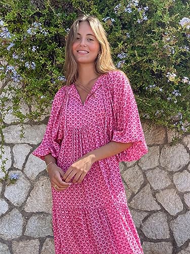 Image of miduo Womens Loose Fit Casual Summer V Neck Half Sleeve Bohemian Geometric Pattern Maxi Long Dresses