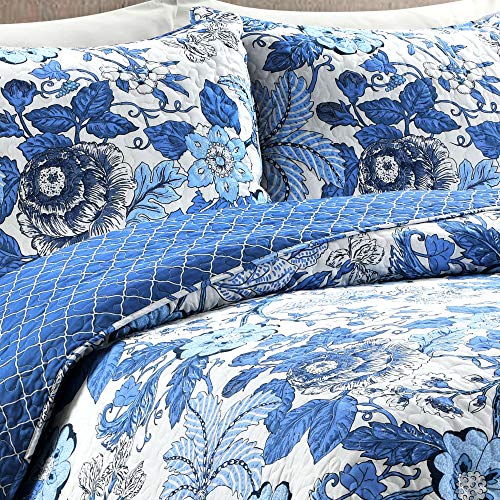 Image of Lush Decor Sydney Reversible Cotton Quilt Set, 3 Piece Set, Full /Queen, Navy & White - Cotton Bedding Set - Navy Floral Quilt - Cottage Decor - Bedding Queen Size