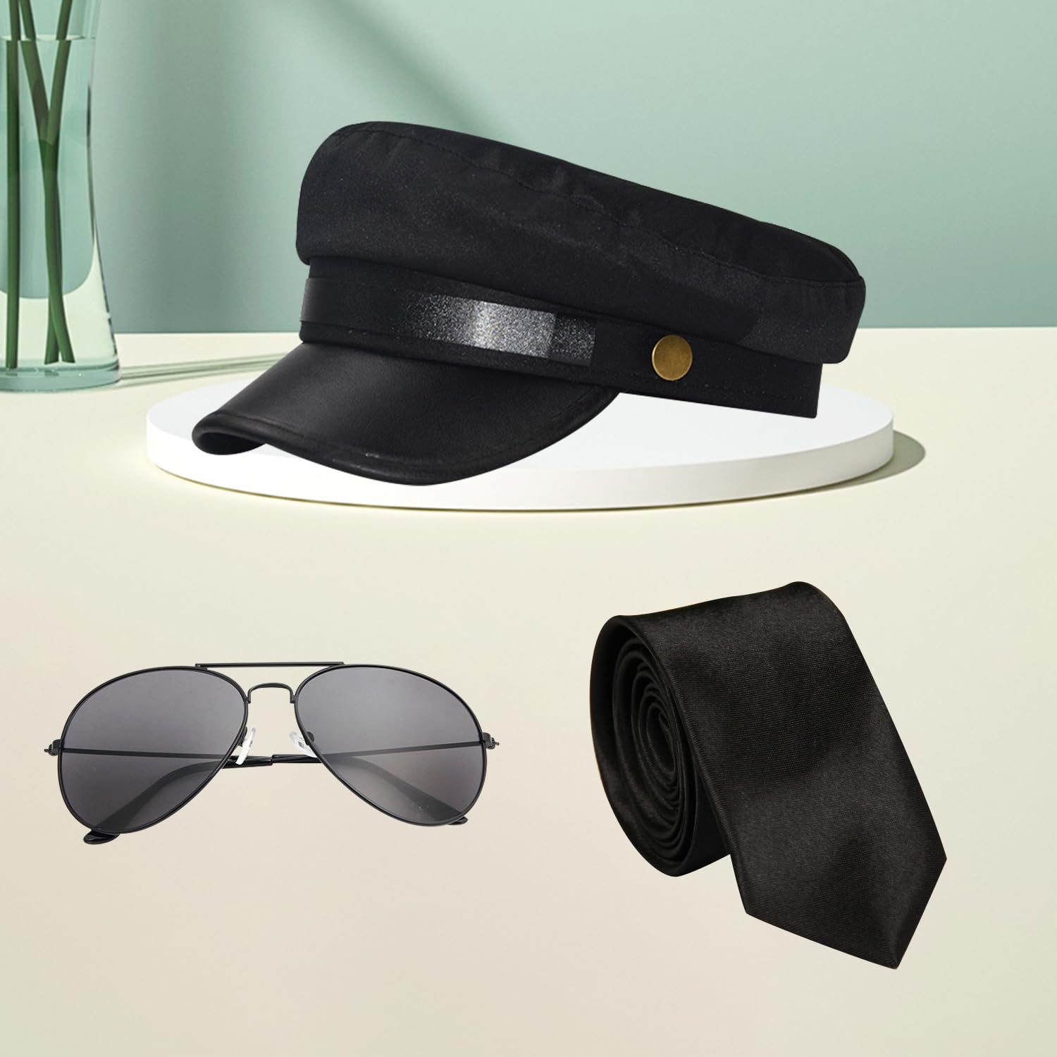 Bohue 3pcs Chauffeur Costume Accessories Black Hat Sunglasses Bow Tie 1980s Novelty Limo Taxi Driver Fancy Dress Kit for Cosplay Dress up Party - Image 3