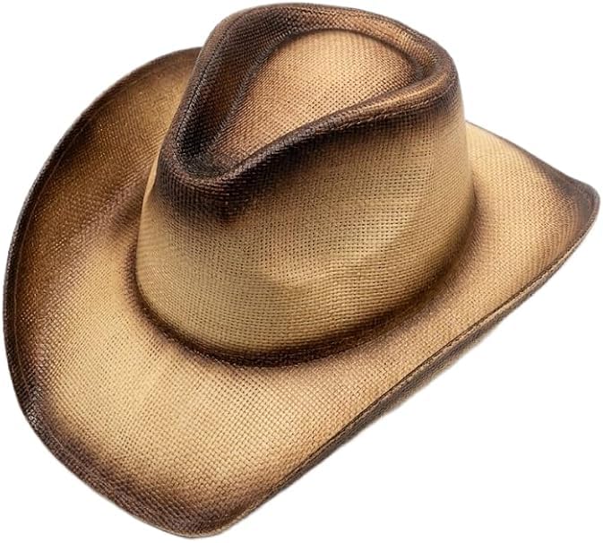 Cappello da Cowboy Stile Western in Paglia Beige e Marrone con Effetto Sfumato Vintage per Uomo e Donna V022