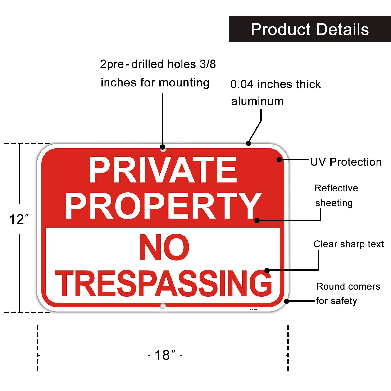 Paquete de 4 letreros grandes de propiedad privada con texto en inglés "No Trespassing", aluminio, grado de ingeniería, reflectante, metal, resistente a la intemperie, 45,7 x 30,5 cm